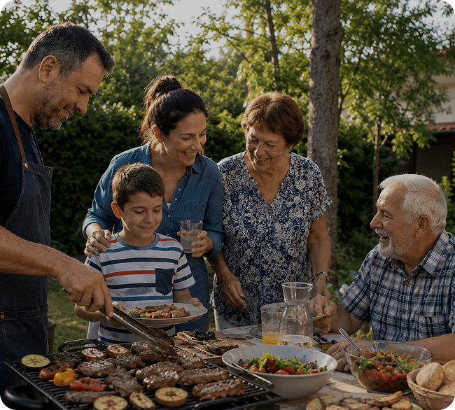 A family sharing a meal outdoors